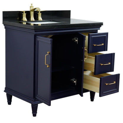 Bellaterra Home Forli 37" 2-Door 3-Drawer Blue Freestanding Vanity Set With Ceramic Left Offset Undermount Rectangular Sink and Black Galaxy Granite Top, and Left Door Cabinet