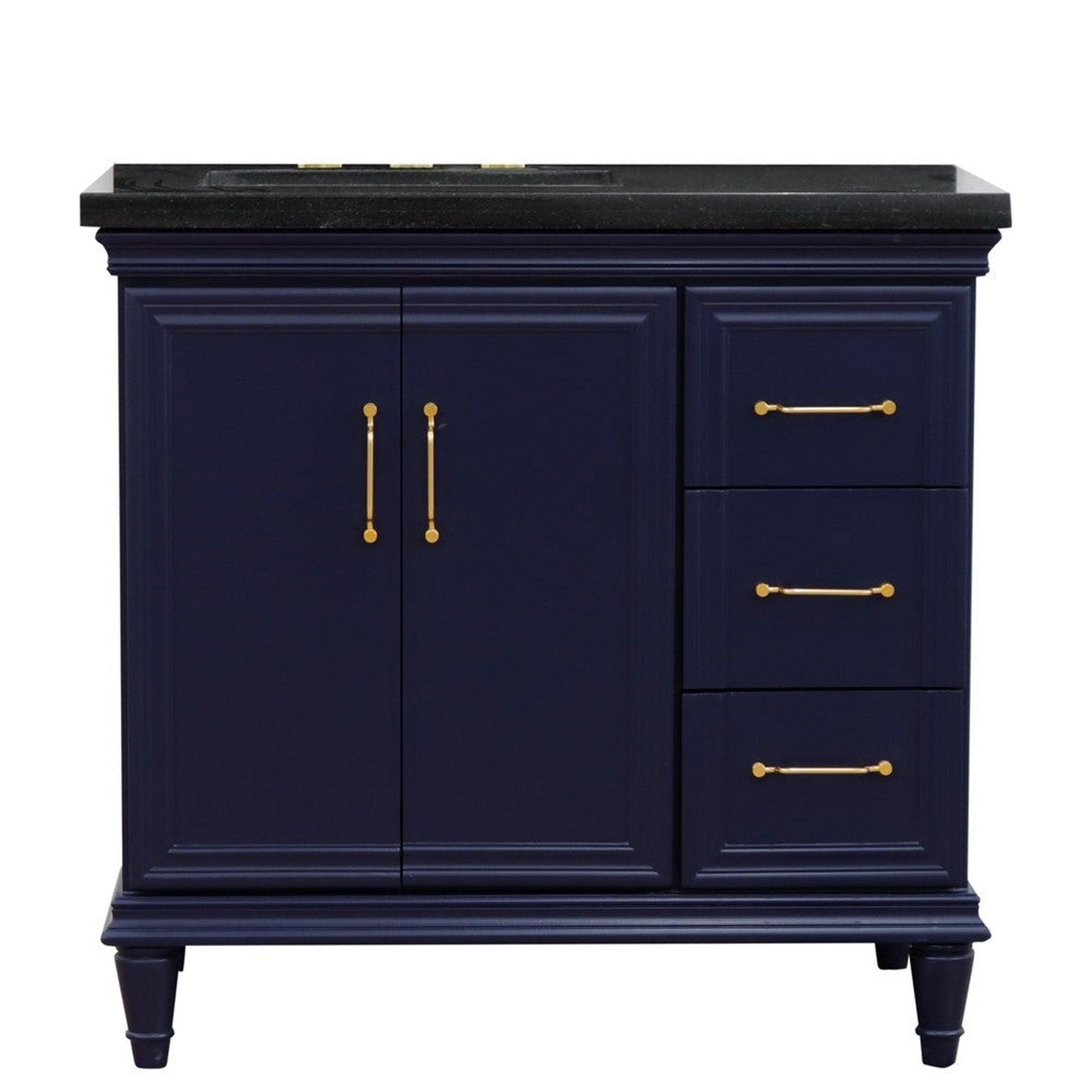 Bellaterra Home Forli 37" 2-Door 3-Drawer Blue Freestanding Vanity Set With Ceramic Left Offset Undermount Rectangular Sink and Black Galaxy Granite Top, and Left Door Cabinet