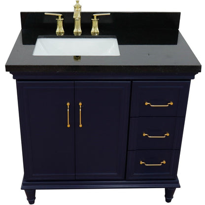 Bellaterra Home Forli 37" 2-Door 3-Drawer Blue Freestanding Vanity Set With Ceramic Left Offset Undermount Rectangular Sink and Black Galaxy Granite Top, and Left Door Cabinet