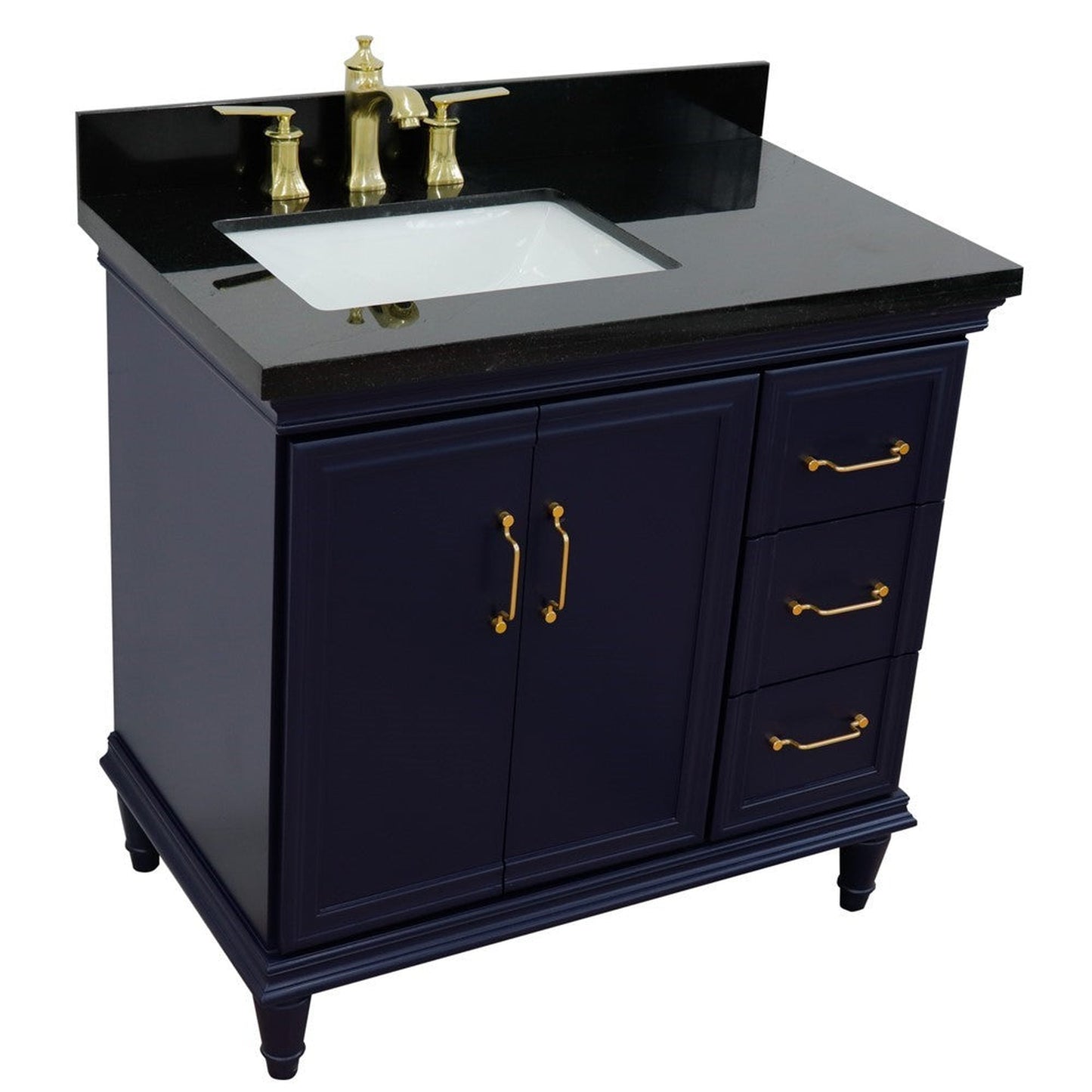 Bellaterra Home Forli 37" 2-Door 3-Drawer Blue Freestanding Vanity Set With Ceramic Left Offset Undermount Rectangular Sink and Black Galaxy Granite Top, and Left Door Cabinet