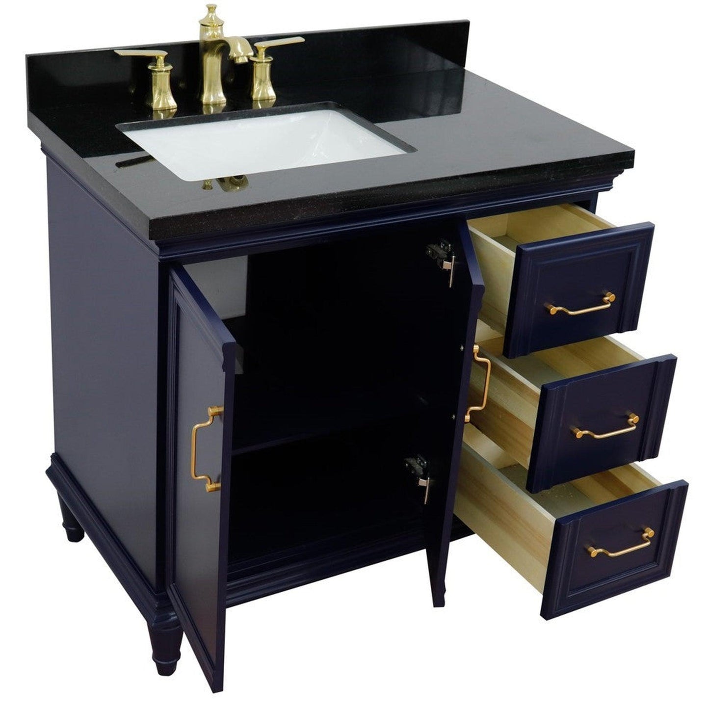 Bellaterra Home Forli 37" 2-Door 3-Drawer Blue Freestanding Vanity Set With Ceramic Left Offset Undermount Rectangular Sink and Black Galaxy Granite Top, and Left Door Cabinet