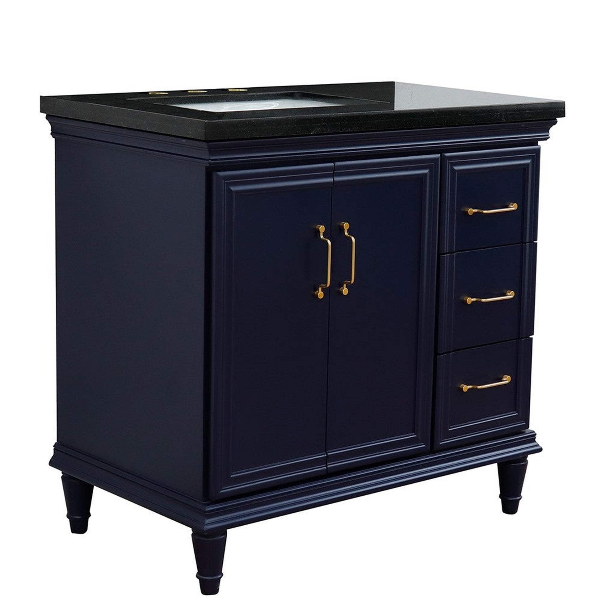 Bellaterra Home Forli 37" 2-Door 3-Drawer Blue Freestanding Vanity Set With Ceramic Left Offset Undermount Rectangular Sink and Black Galaxy Granite Top, and Left Door Cabinet