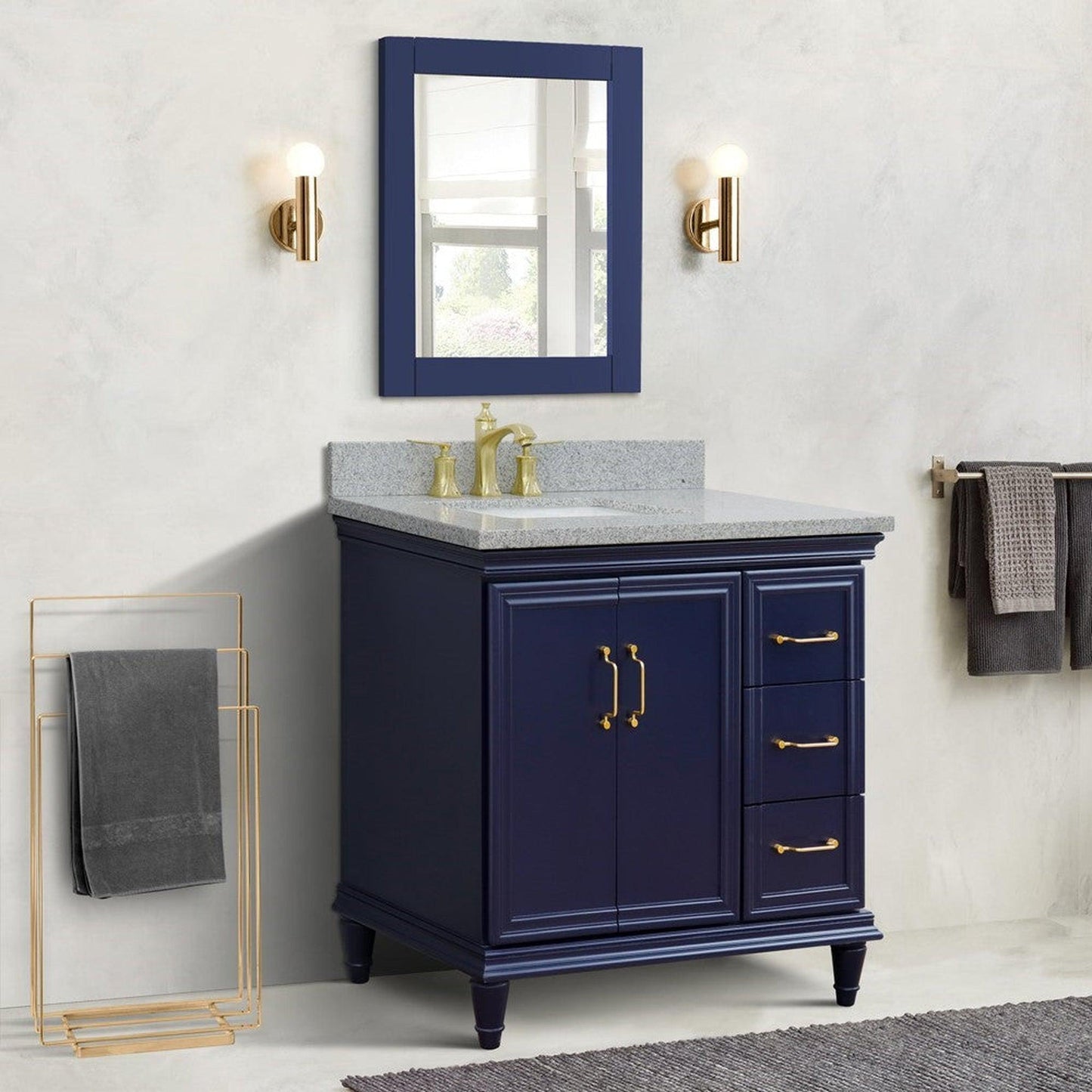 Bellaterra Home Forli 37" 2-Door 3-Drawer Blue Freestanding Vanity Set With Ceramic Left Offset Undermount Rectangular Sink and Gray Granite Top, and Left Door Cabinet