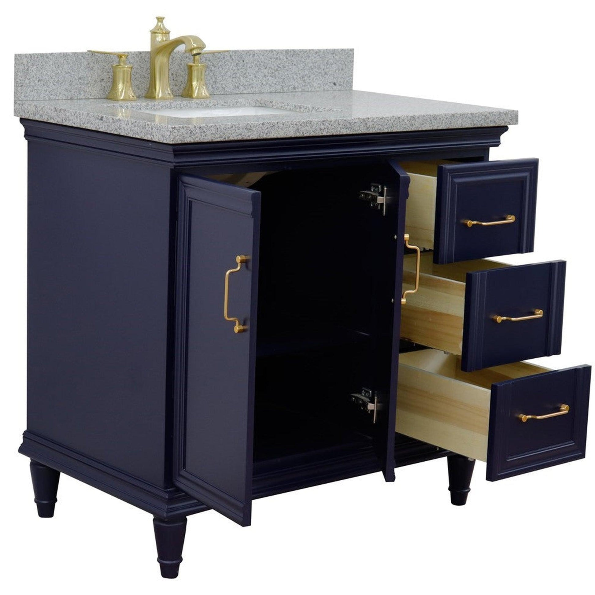 Bellaterra Home Forli 37" 2-Door 3-Drawer Blue Freestanding Vanity Set With Ceramic Left Offset Undermount Rectangular Sink and Gray Granite Top, and Left Door Cabinet