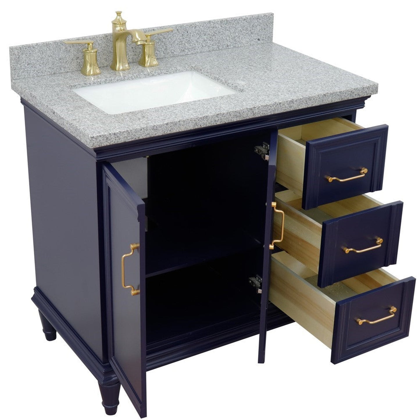 Bellaterra Home Forli 37" 2-Door 3-Drawer Blue Freestanding Vanity Set With Ceramic Left Offset Undermount Rectangular Sink and Gray Granite Top, and Left Door Cabinet