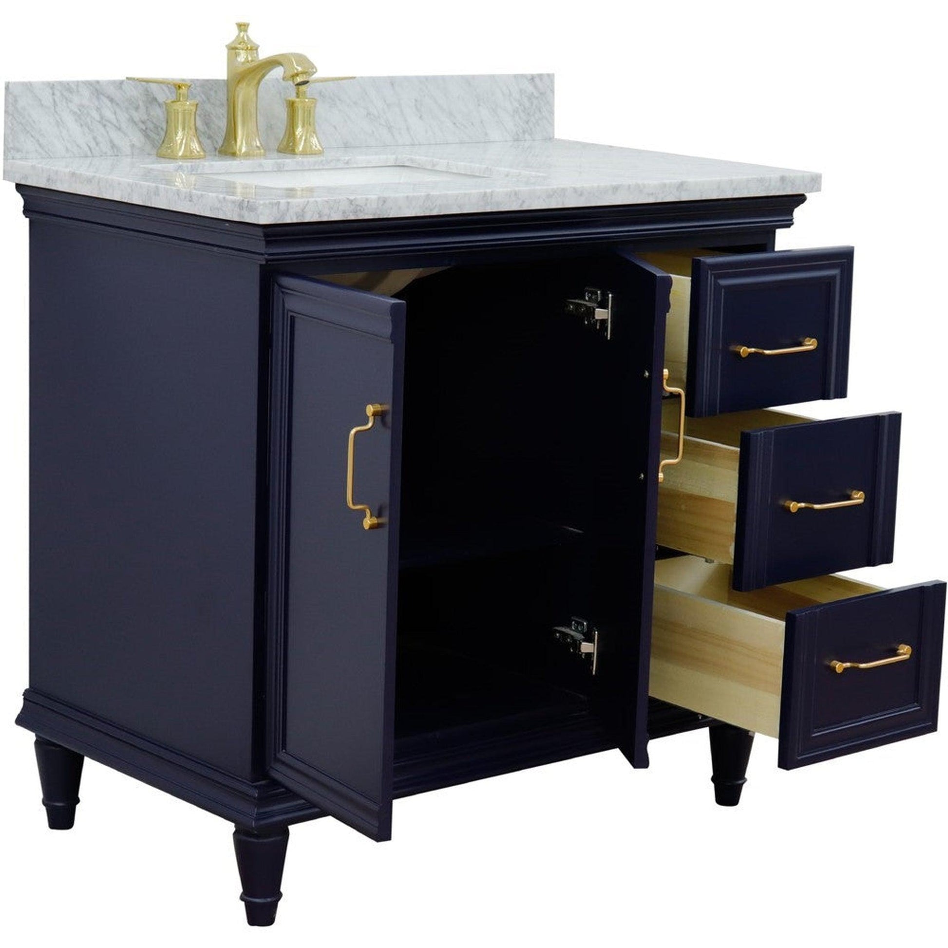 Bellaterra Home Forli 37" 2-Door 3-Drawer Blue Freestanding Vanity Set With Ceramic Left Offset Undermount Rectangular Sink and White Carrara Marble Top, and Left Door Cabinet