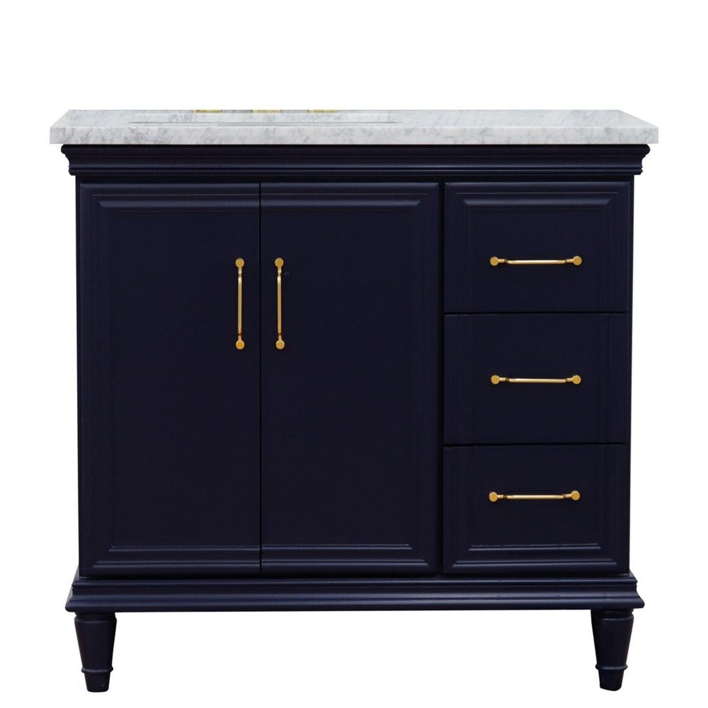 Bellaterra Home Forli 37" 2-Door 3-Drawer Blue Freestanding Vanity Set With Ceramic Left Offset Undermount Rectangular Sink and White Carrara Marble Top, and Left Door Cabinet