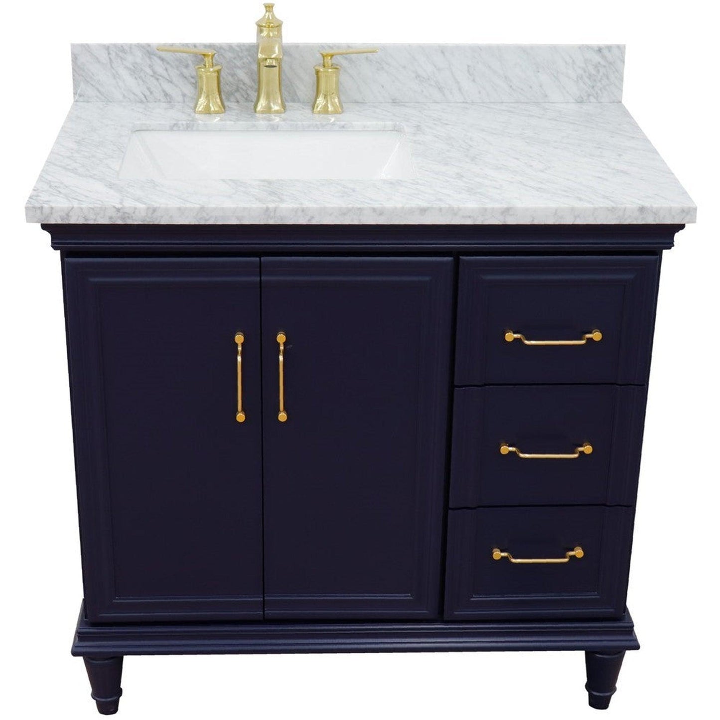 Bellaterra Home Forli 37" 2-Door 3-Drawer Blue Freestanding Vanity Set With Ceramic Left Offset Undermount Rectangular Sink and White Carrara Marble Top, and Left Door Cabinet