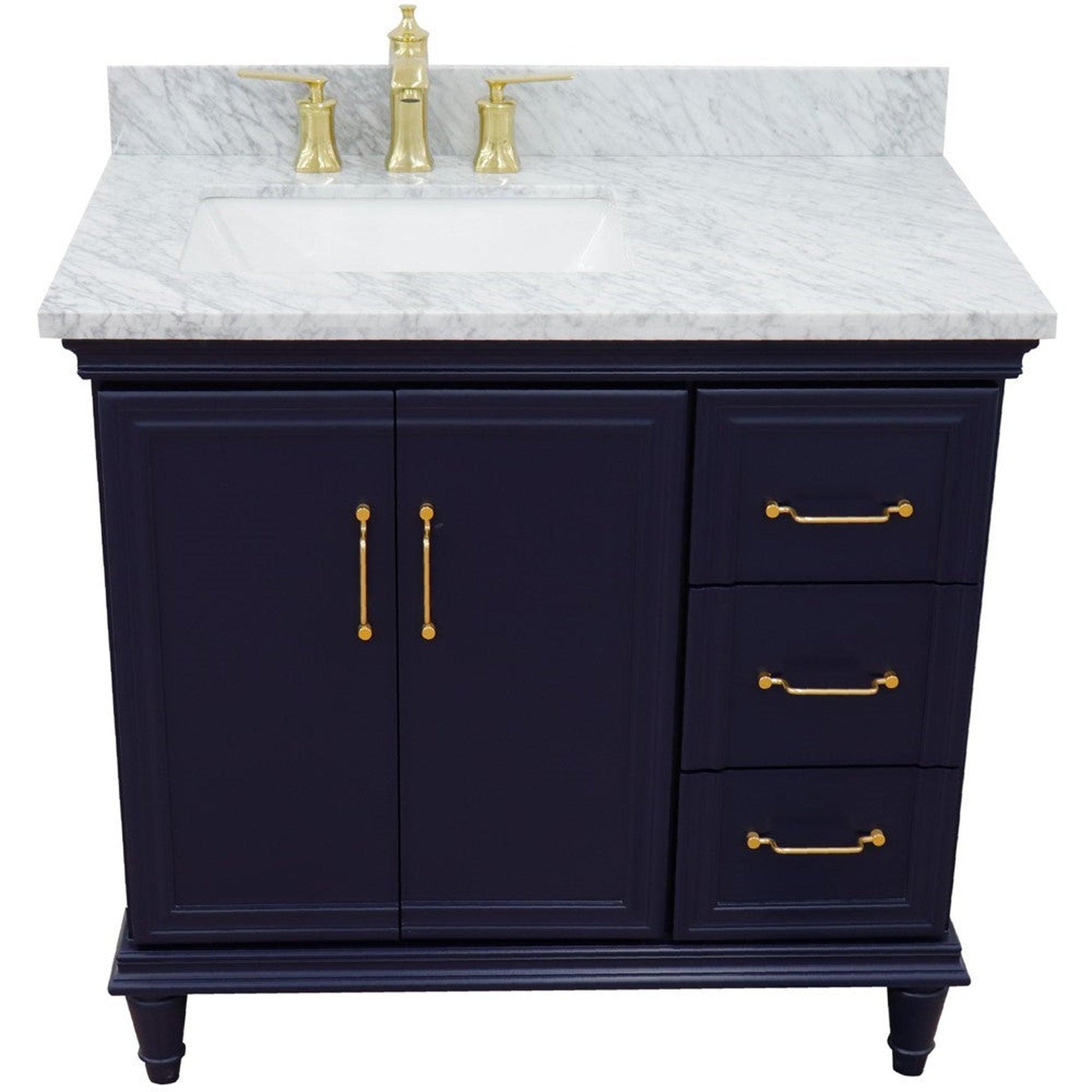 Bellaterra Home Forli 37" 2-Door 3-Drawer Blue Freestanding Vanity Set With Ceramic Left Offset Undermount Rectangular Sink and White Carrara Marble Top, and Left Door Cabinet