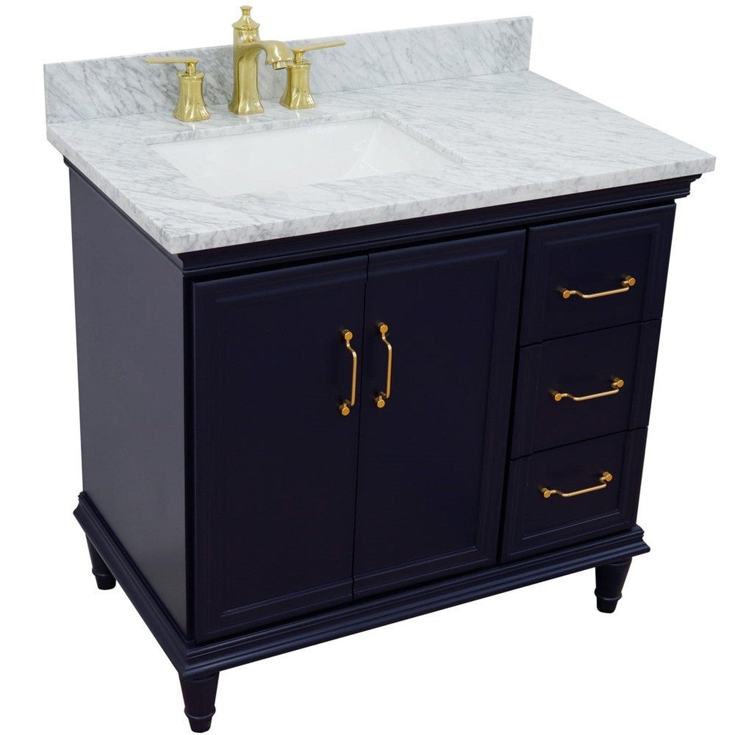 Bellaterra Home Forli 37" 2-Door 3-Drawer Blue Freestanding Vanity Set With Ceramic Left Offset Undermount Rectangular Sink and White Carrara Marble Top, and Left Door Cabinet