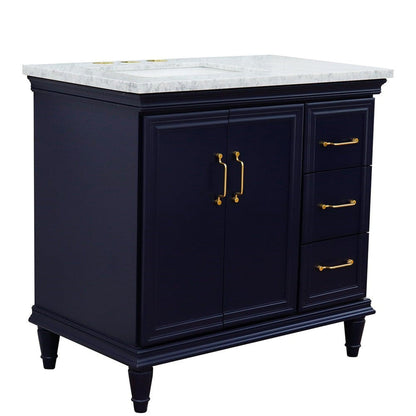 Bellaterra Home Forli 37" 2-Door 3-Drawer Blue Freestanding Vanity Set With Ceramic Left Offset Undermount Rectangular Sink and White Carrara Marble Top, and Left Door Cabinet