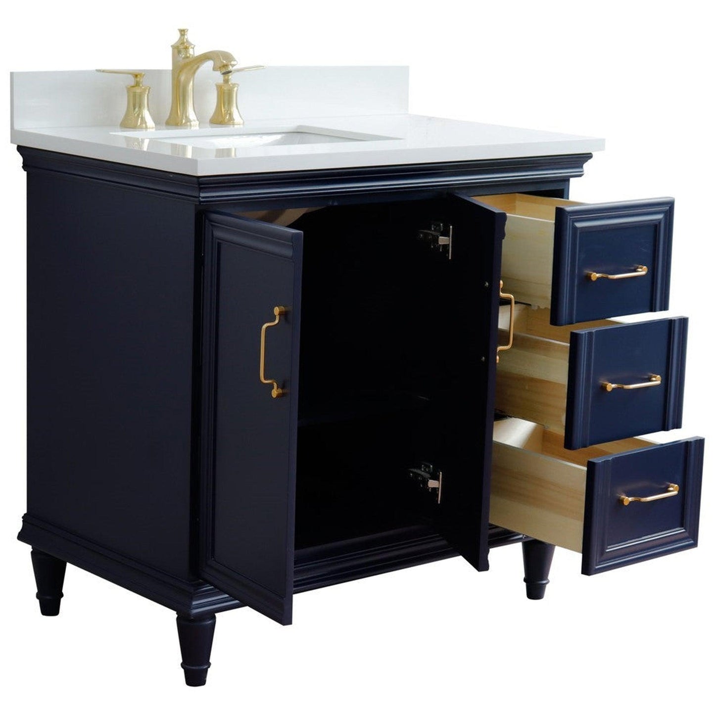 Bellaterra Home Forli 37" 2-Door 3-Drawer Blue Freestanding Vanity Set With Ceramic Left Offset Undermount Rectangular Sink and White Quartz Top, and Left Door Cabinet