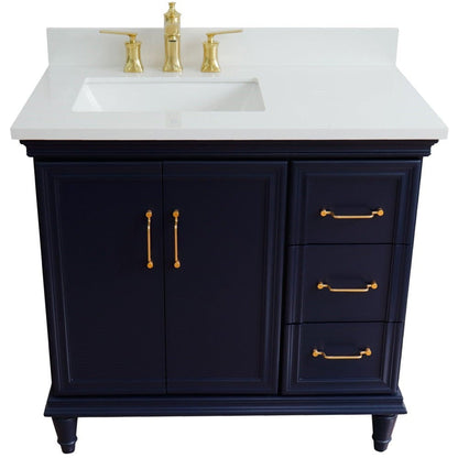 Bellaterra Home Forli 37" 2-Door 3-Drawer Blue Freestanding Vanity Set With Ceramic Left Offset Undermount Rectangular Sink and White Quartz Top, and Left Door Cabinet