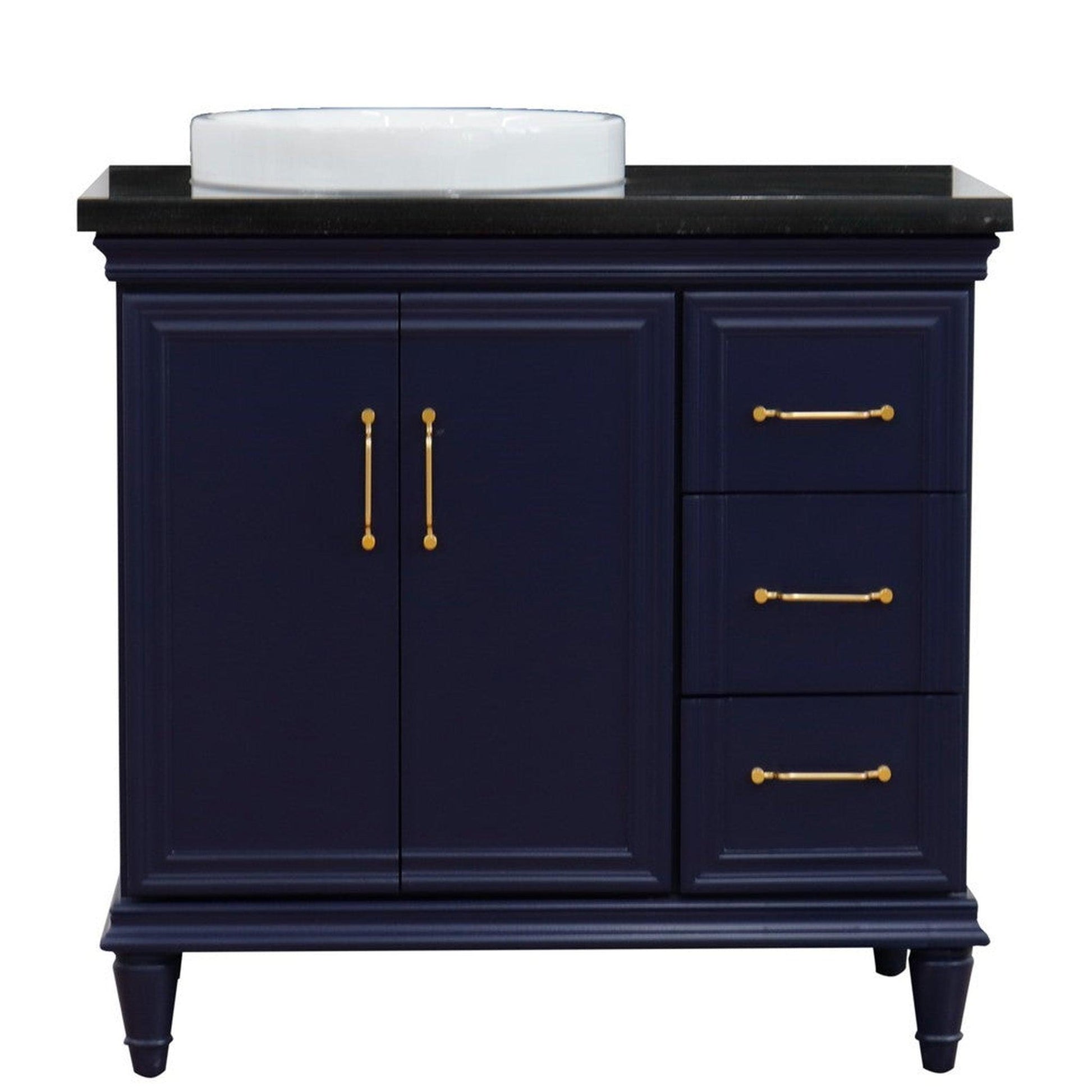 Bellaterra Home Forli 37" 2-Door 3-Drawer Blue Freestanding Vanity Set With Ceramic Left Offset Vessel Sink and Black Galaxy Granite Top, and Left Door Cabinet