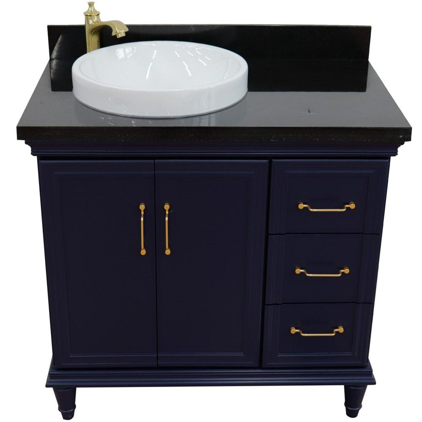 Bellaterra Home Forli 37" 2-Door 3-Drawer Blue Freestanding Vanity Set With Ceramic Left Offset Vessel Sink and Black Galaxy Granite Top, and Left Door Cabinet
