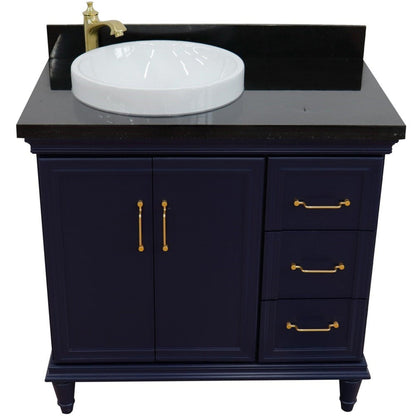Bellaterra Home Forli 37" 2-Door 3-Drawer Blue Freestanding Vanity Set With Ceramic Left Offset Vessel Sink and Black Galaxy Granite Top, and Left Door Cabinet