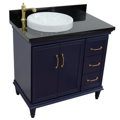 Bellaterra Home Forli 37" 2-Door 3-Drawer Blue Freestanding Vanity Set With Ceramic Left Offset Vessel Sink and Black Galaxy Granite Top, and Left Door Cabinet