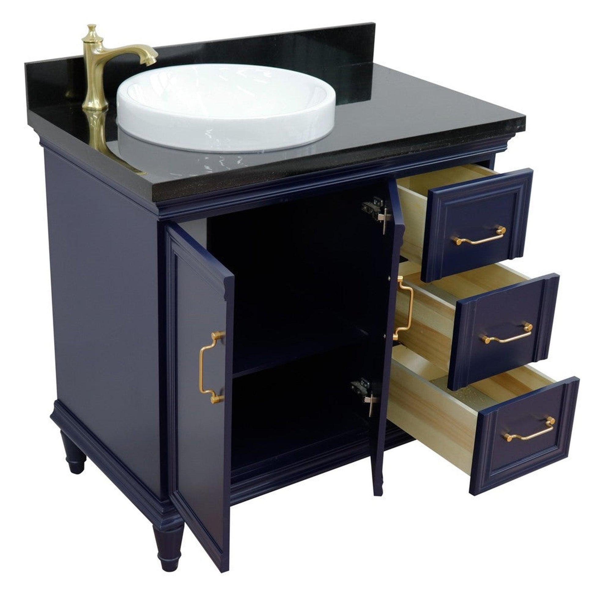 Bellaterra Home Forli 37" 2-Door 3-Drawer Blue Freestanding Vanity Set With Ceramic Left Offset Vessel Sink and Black Galaxy Granite Top, and Left Door Cabinet