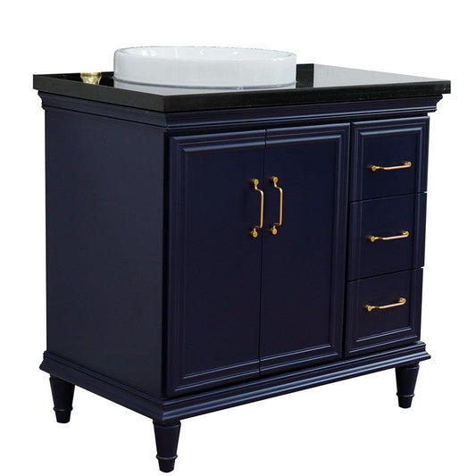 Bellaterra Home Forli 37" 2-Door 3-Drawer Blue Freestanding Vanity Set With Ceramic Left Offset Vessel Sink and Black Galaxy Granite Top, and Left Door Cabinet