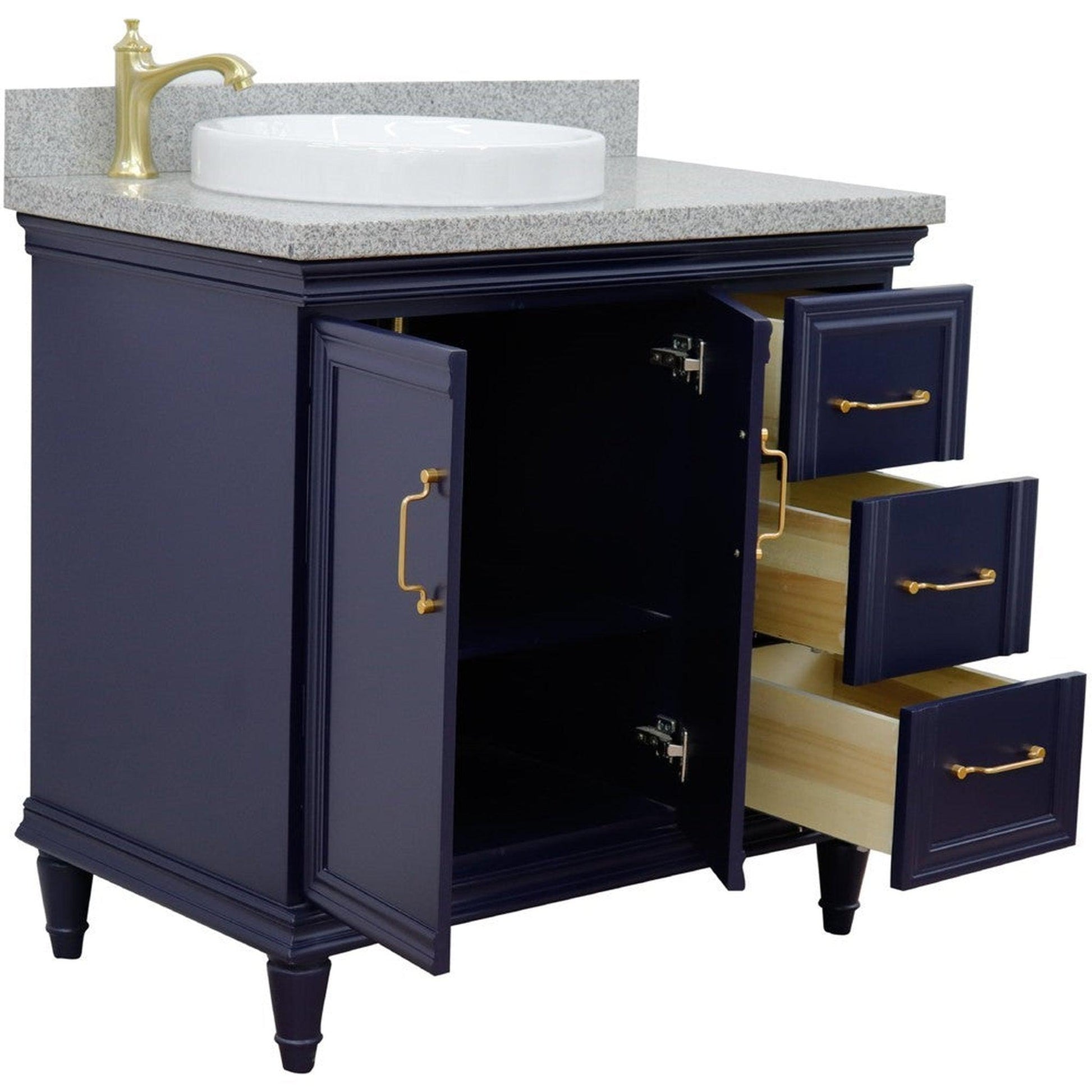 Bellaterra Home Forli 37" 2-Door 3-Drawer Blue Freestanding Vanity Set With Ceramic Left Offset Vessel Sink and Gray Granite Top, and Left Door Cabinet