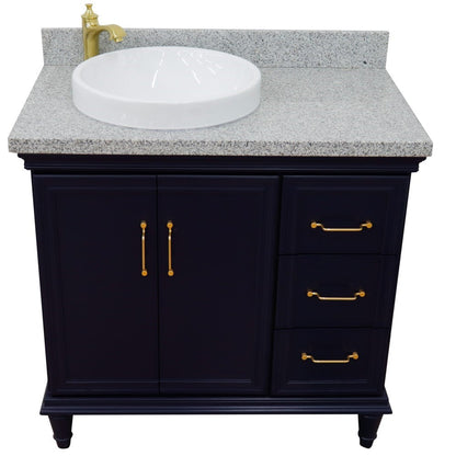 Bellaterra Home Forli 37" 2-Door 3-Drawer Blue Freestanding Vanity Set With Ceramic Left Offset Vessel Sink and Gray Granite Top, and Left Door Cabinet