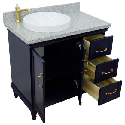 Bellaterra Home Forli 37" 2-Door 3-Drawer Blue Freestanding Vanity Set With Ceramic Left Offset Vessel Sink and Gray Granite Top, and Left Door Cabinet