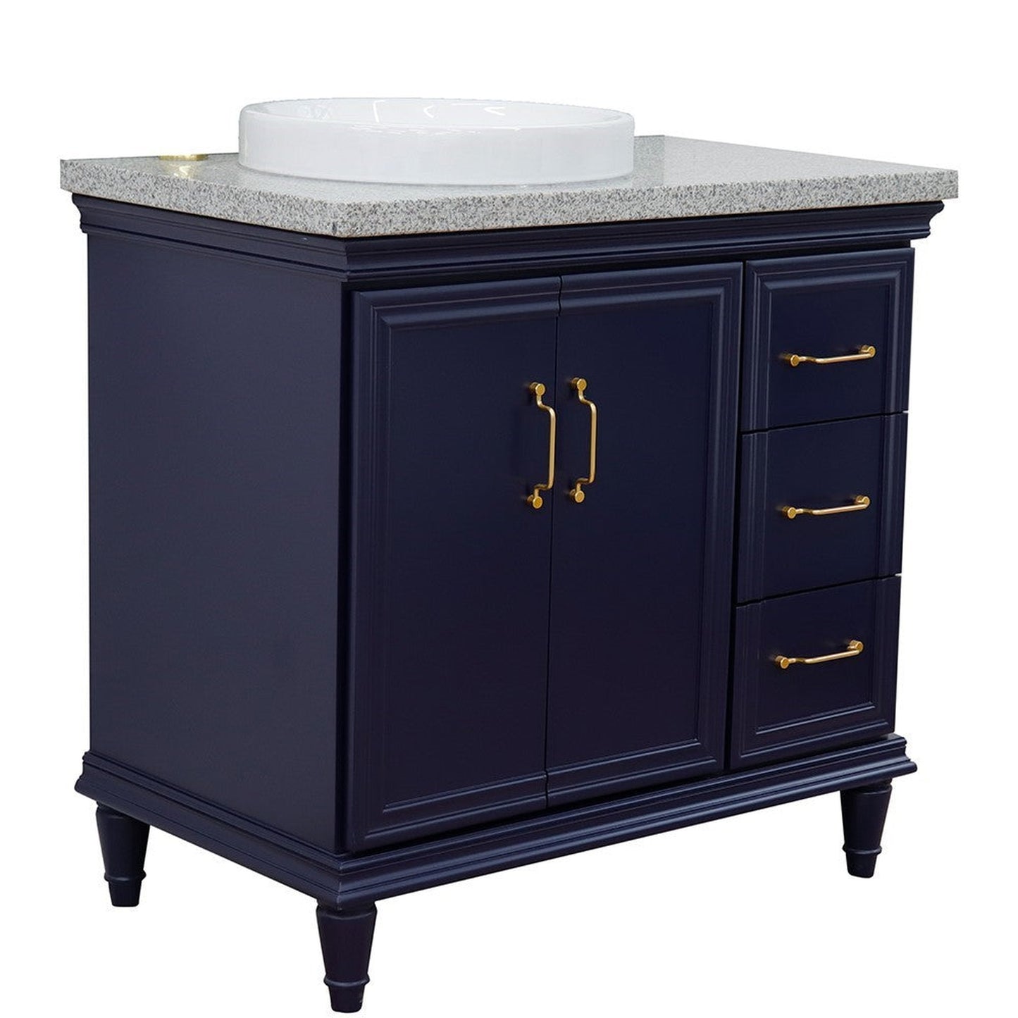 Bellaterra Home Forli 37" 2-Door 3-Drawer Blue Freestanding Vanity Set With Ceramic Left Offset Vessel Sink and Gray Granite Top, and Left Door Cabinet