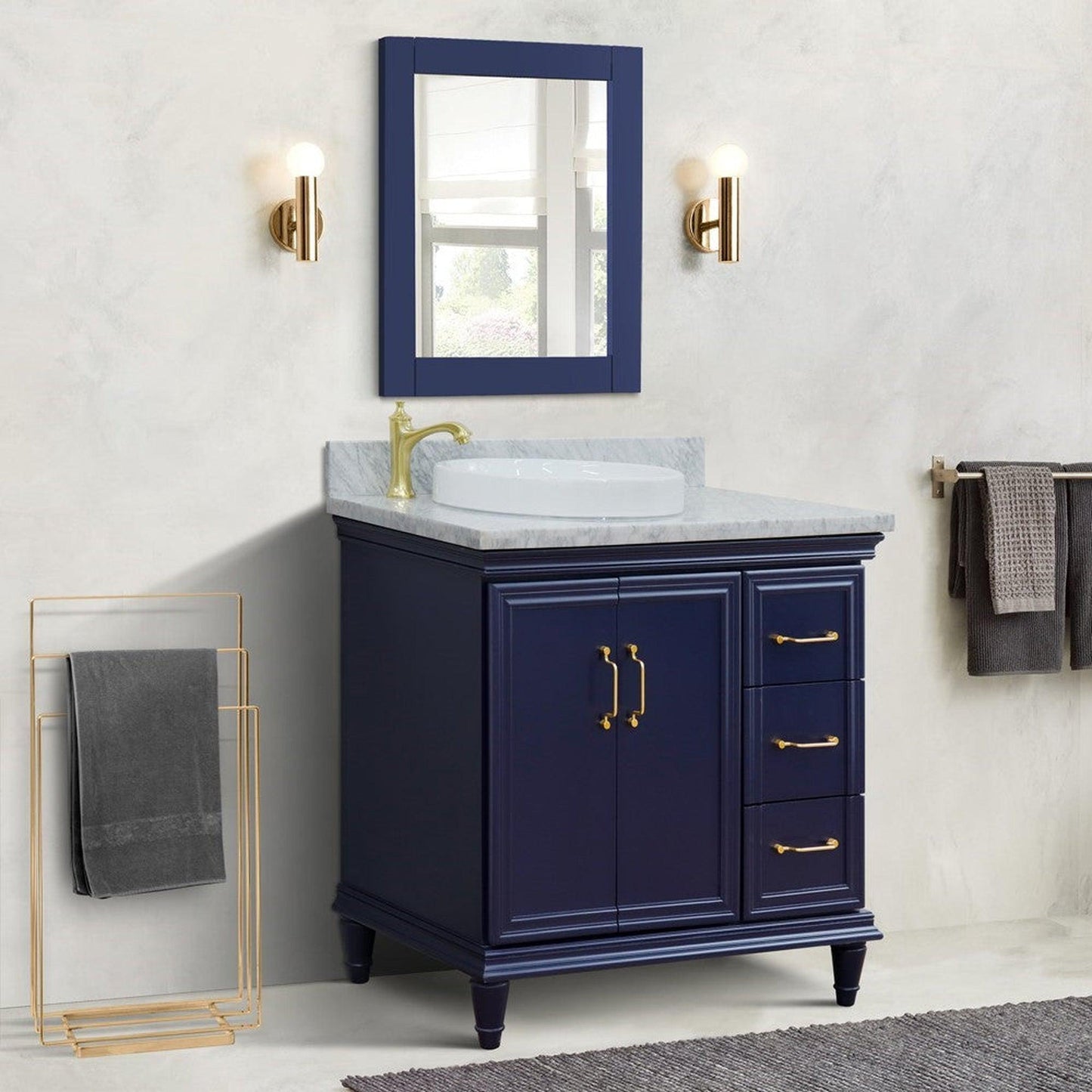 Bellaterra Home Forli 37" 2-Door 3-Drawer Blue Freestanding Vanity Set With Ceramic Left Offset Vessel Sink and White Carrara Marble Top, and Left Door Cabinet