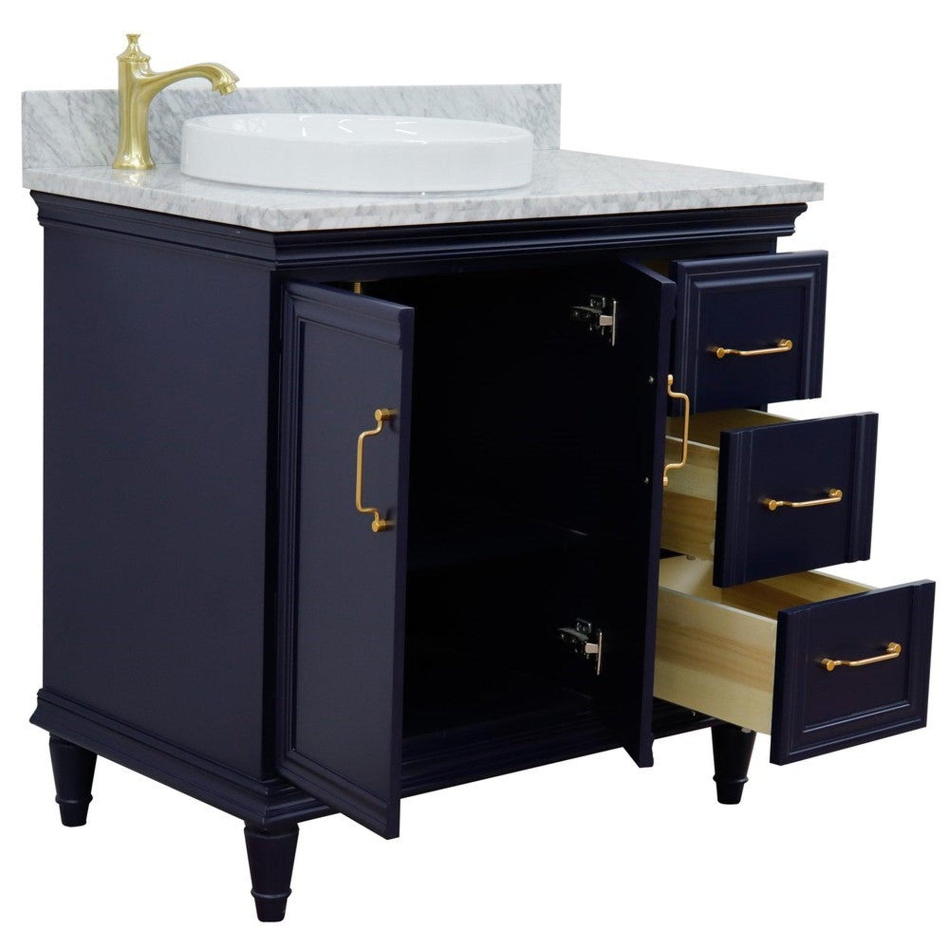 Bellaterra Home Forli 37" 2-Door 3-Drawer Blue Freestanding Vanity Set With Ceramic Left Offset Vessel Sink and White Carrara Marble Top, and Left Door Cabinet