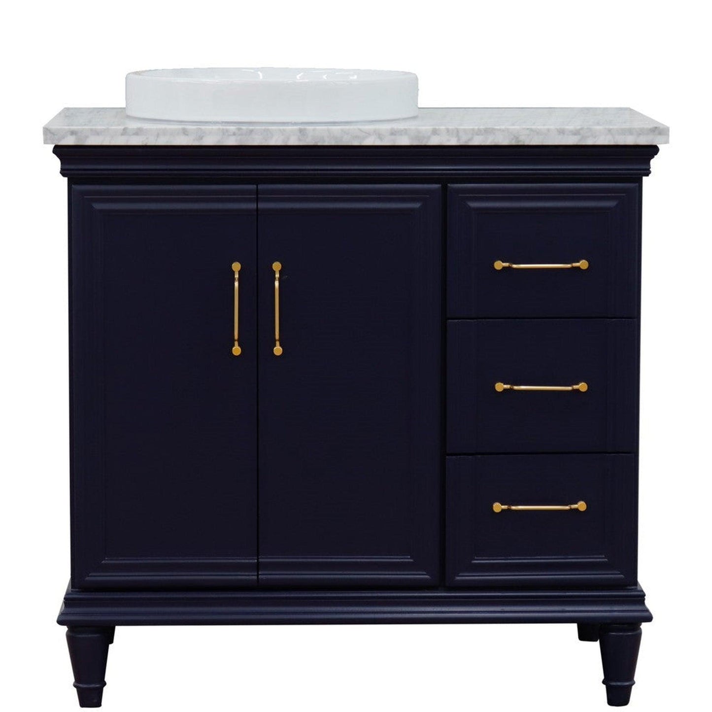 Bellaterra Home Forli 37" 2-Door 3-Drawer Blue Freestanding Vanity Set With Ceramic Left Offset Vessel Sink and White Carrara Marble Top, and Left Door Cabinet