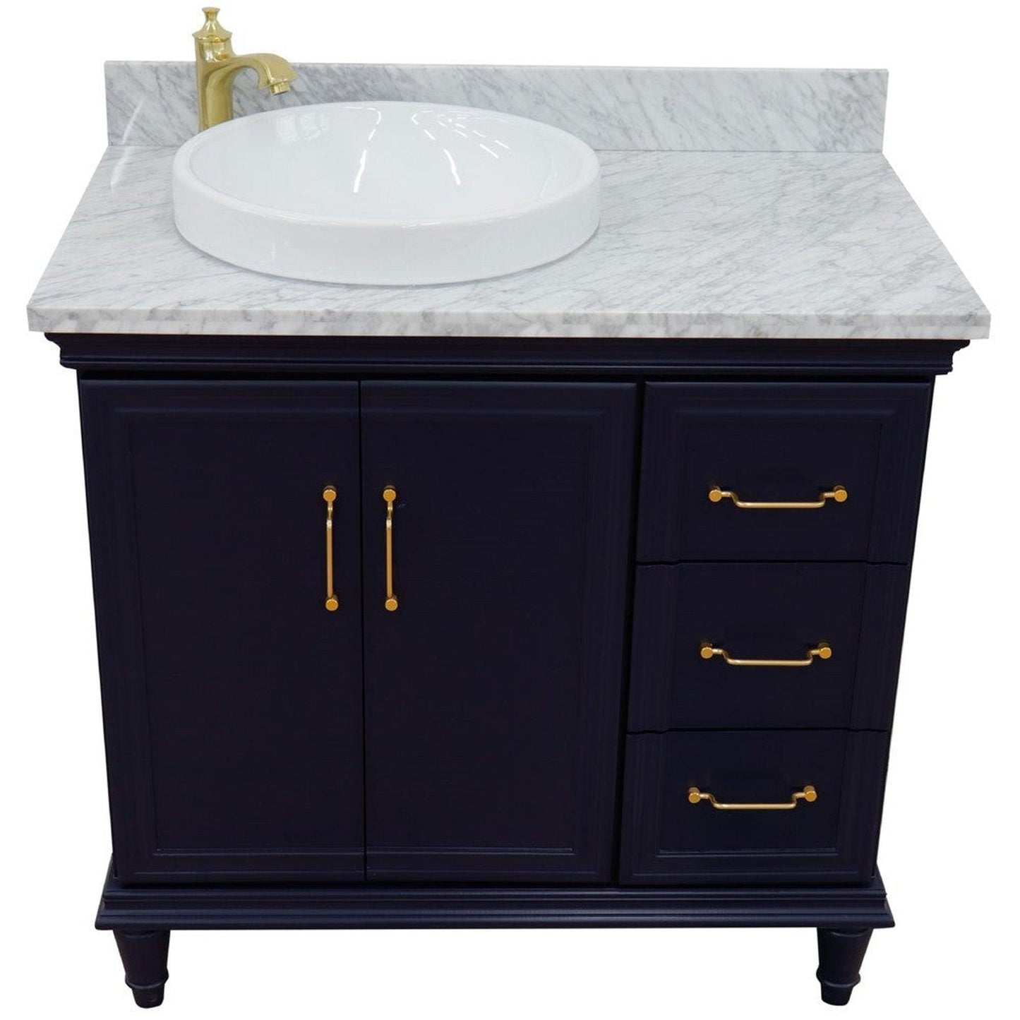 Bellaterra Home Forli 37" 2-Door 3-Drawer Blue Freestanding Vanity Set With Ceramic Left Offset Vessel Sink and White Carrara Marble Top, and Left Door Cabinet