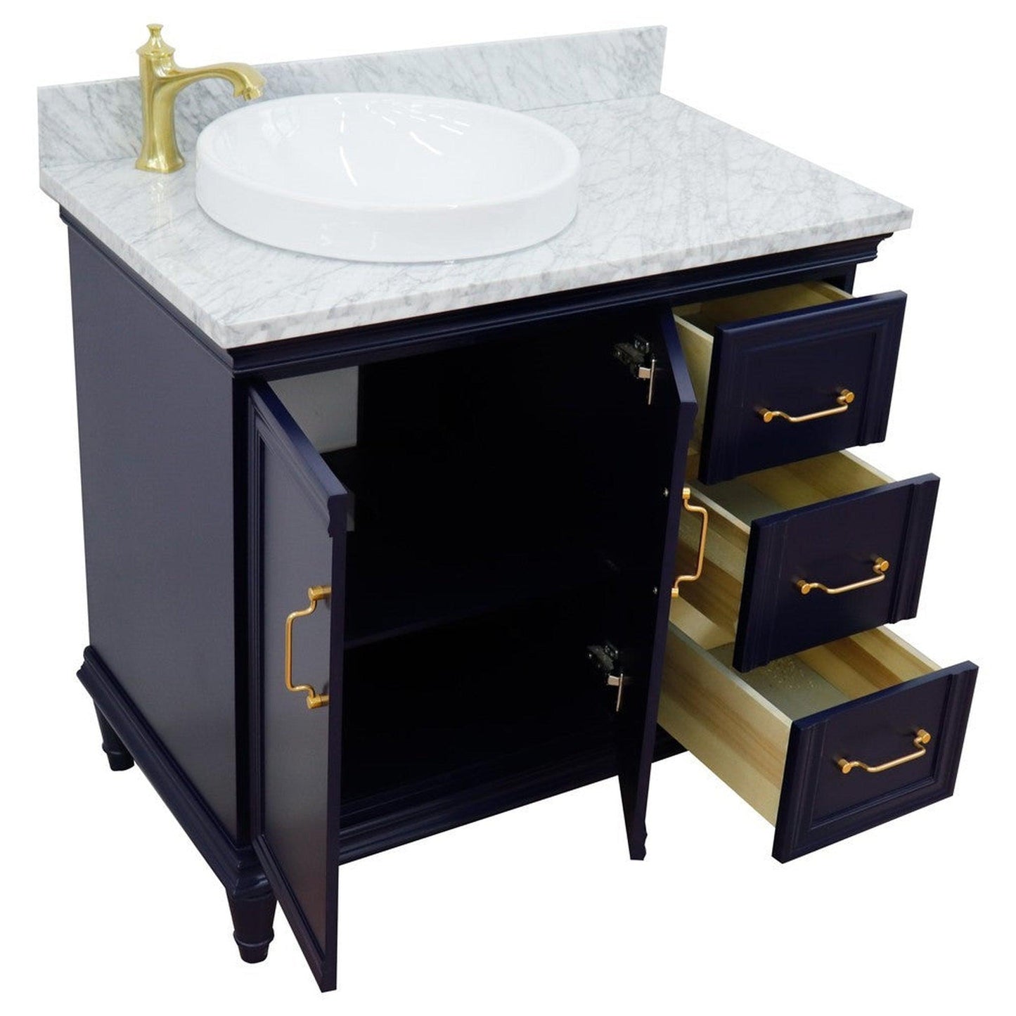 Bellaterra Home Forli 37" 2-Door 3-Drawer Blue Freestanding Vanity Set With Ceramic Left Offset Vessel Sink and White Carrara Marble Top, and Left Door Cabinet