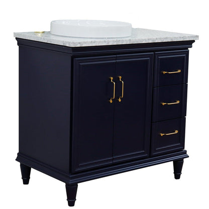 Bellaterra Home Forli 37" 2-Door 3-Drawer Blue Freestanding Vanity Set With Ceramic Left Offset Vessel Sink and White Carrara Marble Top, and Left Door Cabinet