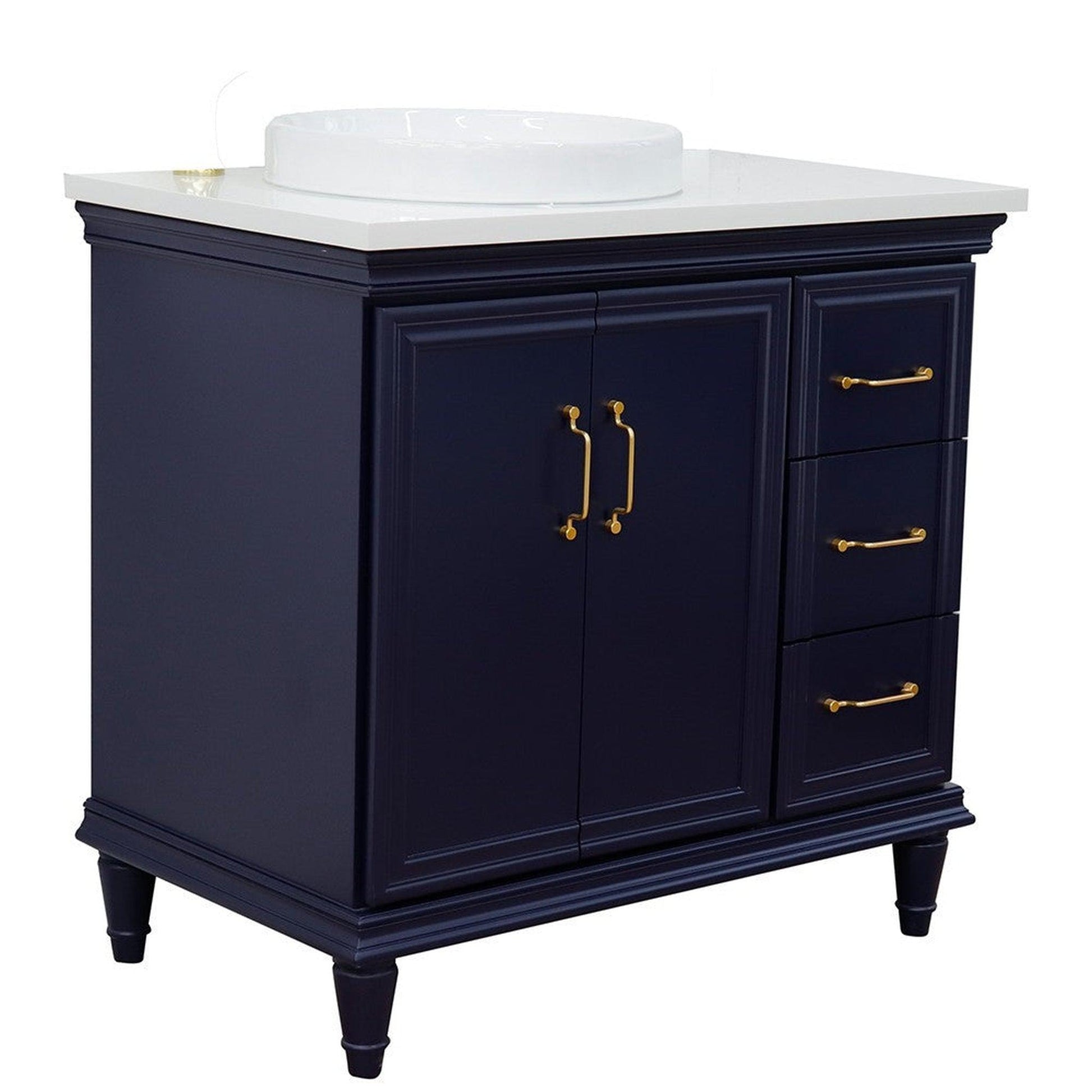 Bellaterra Home Forli 37" 2-Door 3-Drawer Blue Freestanding Vanity Set With Ceramic Left Offset Vessel Sink and White Quartz Top, and Left Door Cabinet