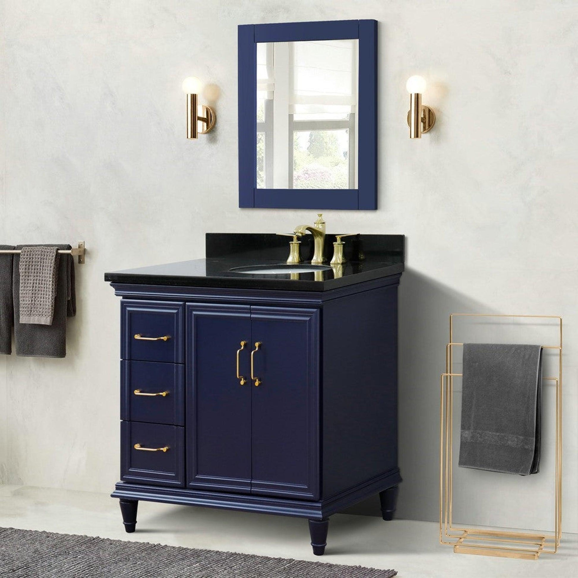 Bellaterra Home Forli 37" 2-Door 3-Drawer Blue Freestanding Vanity Set With Ceramic Right Offset Undermount Oval Sink and Black Galaxy Granite Top, and Right Door Cabinet