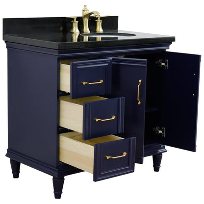 Bellaterra Home Forli 37" 2-Door 3-Drawer Blue Freestanding Vanity Set With Ceramic Right Offset Undermount Oval Sink and Black Galaxy Granite Top, and Right Door Cabinet