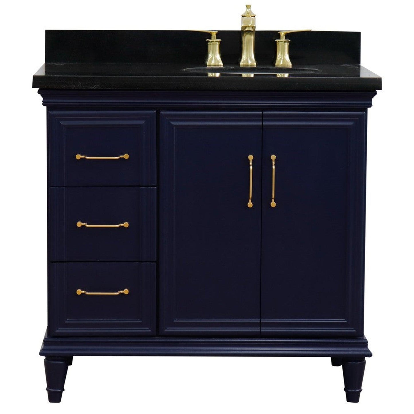 Bellaterra Home Forli 37" 2-Door 3-Drawer Blue Freestanding Vanity Set With Ceramic Right Offset Undermount Oval Sink and Black Galaxy Granite Top, and Right Door Cabinet