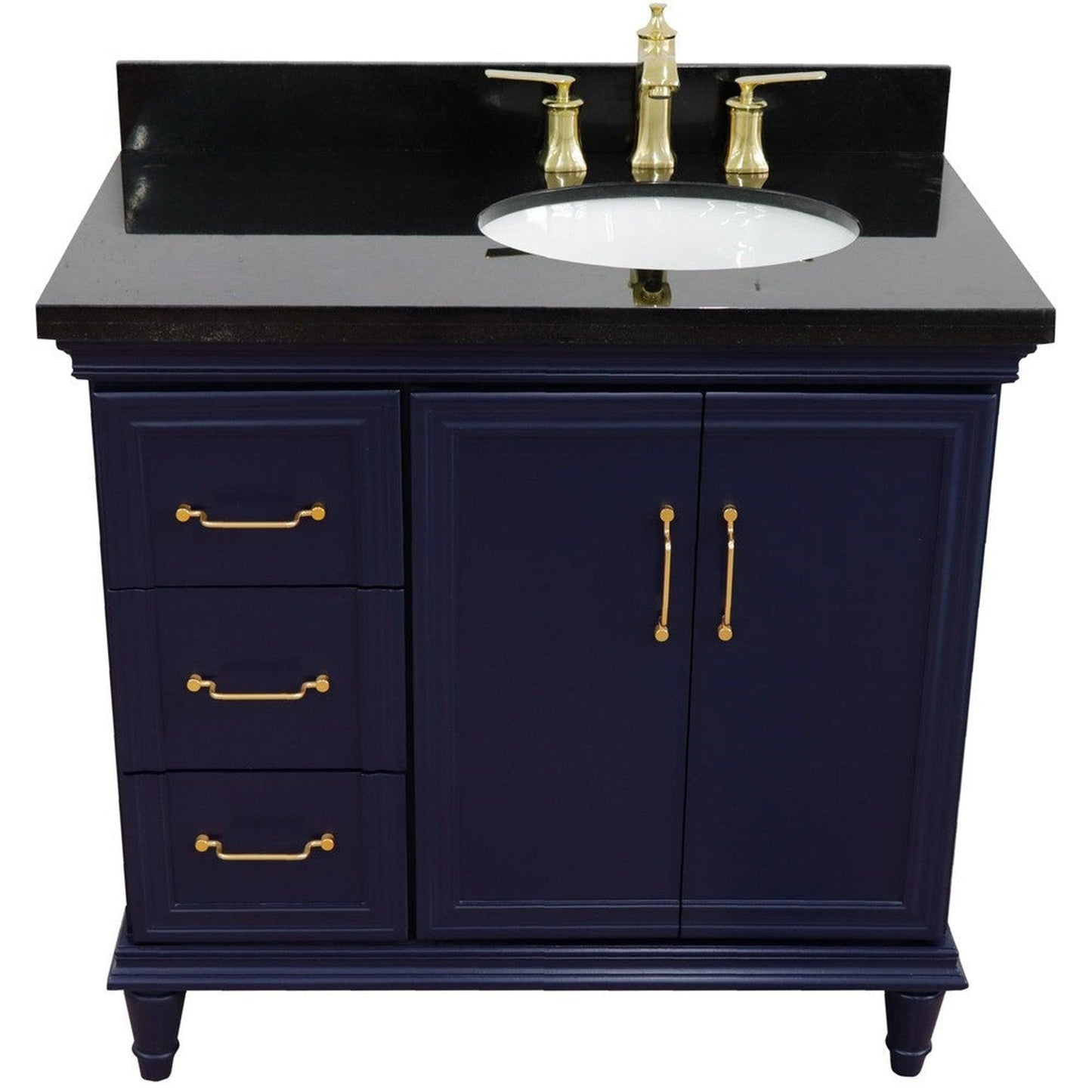 Bellaterra Home Forli 37" 2-Door 3-Drawer Blue Freestanding Vanity Set With Ceramic Right Offset Undermount Oval Sink and Black Galaxy Granite Top, and Right Door Cabinet