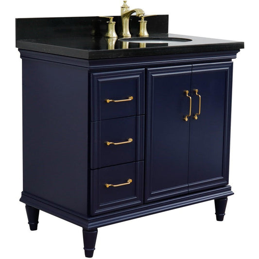 Bellaterra Home Forli 37" 2-Door 3-Drawer Blue Freestanding Vanity Set With Ceramic Right Offset Undermount Oval Sink and Black Galaxy Granite Top, and Right Door Cabinet