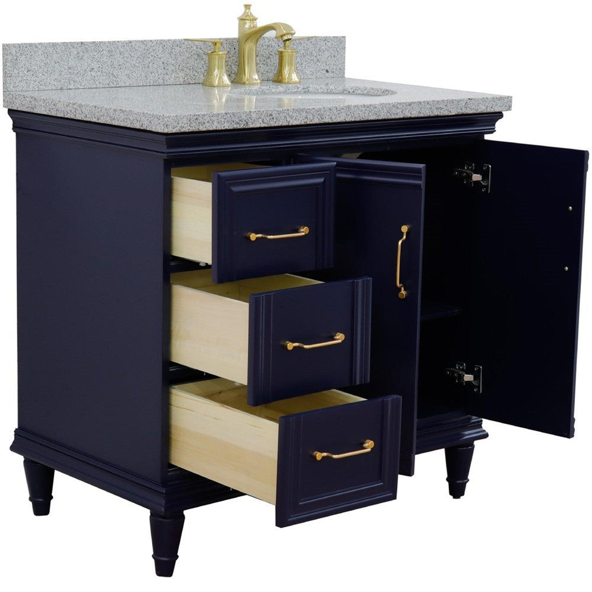 Bellaterra Home Forli 37" 2-Door 3-Drawer Blue Freestanding Vanity Set With Ceramic Right Offset Undermount Oval Sink and Gray Granite Top, and Right Door Cabinet