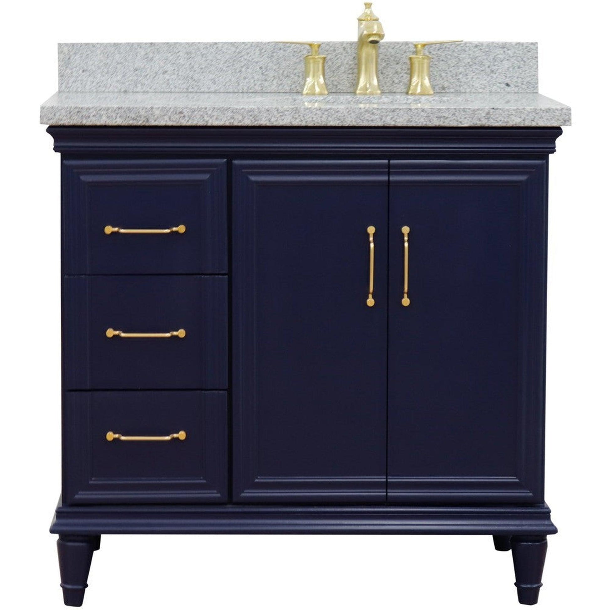 Bellaterra Home Forli 37" 2-Door 3-Drawer Blue Freestanding Vanity Set With Ceramic Right Offset Undermount Oval Sink and Gray Granite Top, and Right Door Cabinet