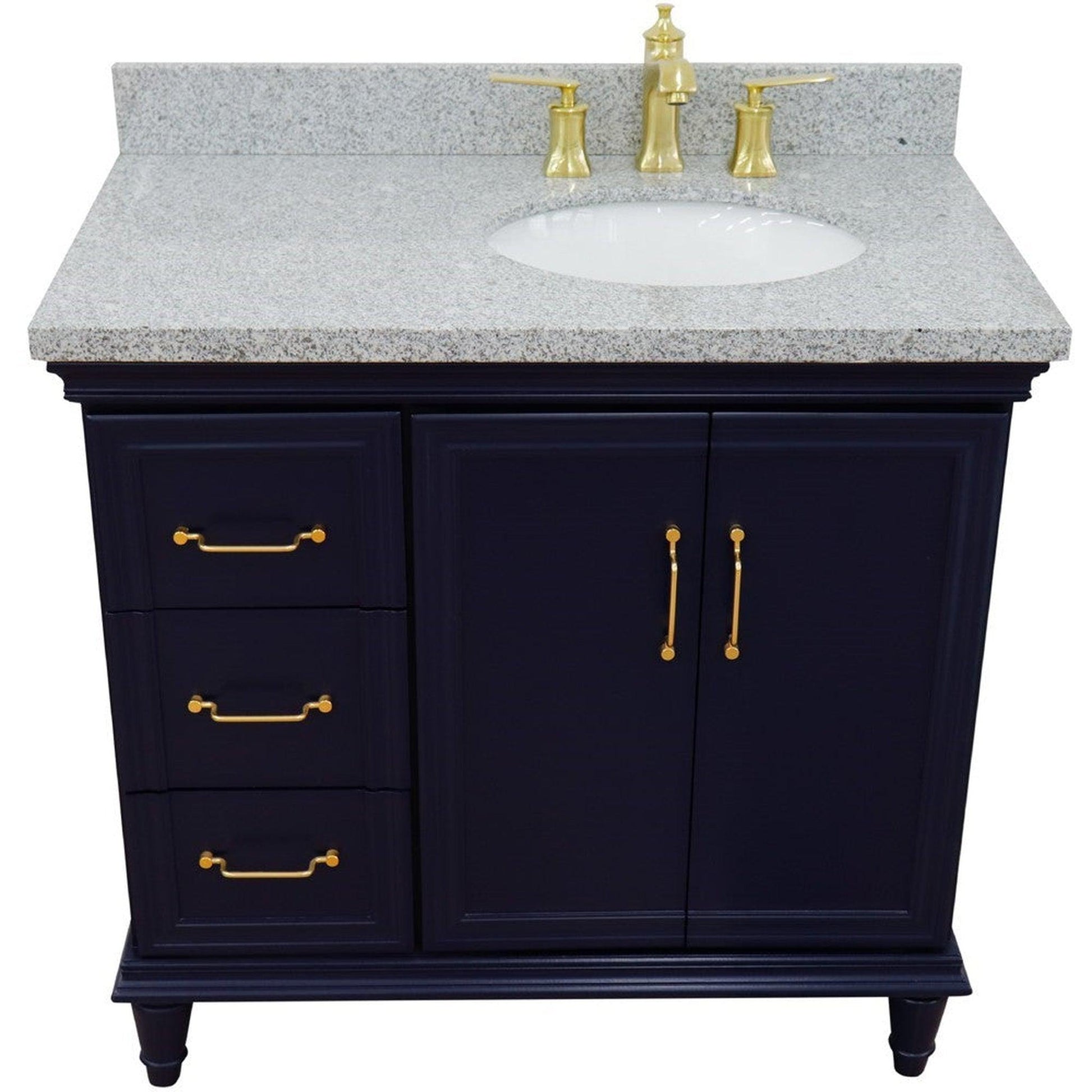 Bellaterra Home Forli 37" 2-Door 3-Drawer Blue Freestanding Vanity Set With Ceramic Right Offset Undermount Oval Sink and Gray Granite Top, and Right Door Cabinet