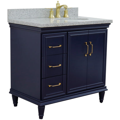 Bellaterra Home Forli 37" 2-Door 3-Drawer Blue Freestanding Vanity Set With Ceramic Right Offset Undermount Oval Sink and Gray Granite Top, and Right Door Cabinet