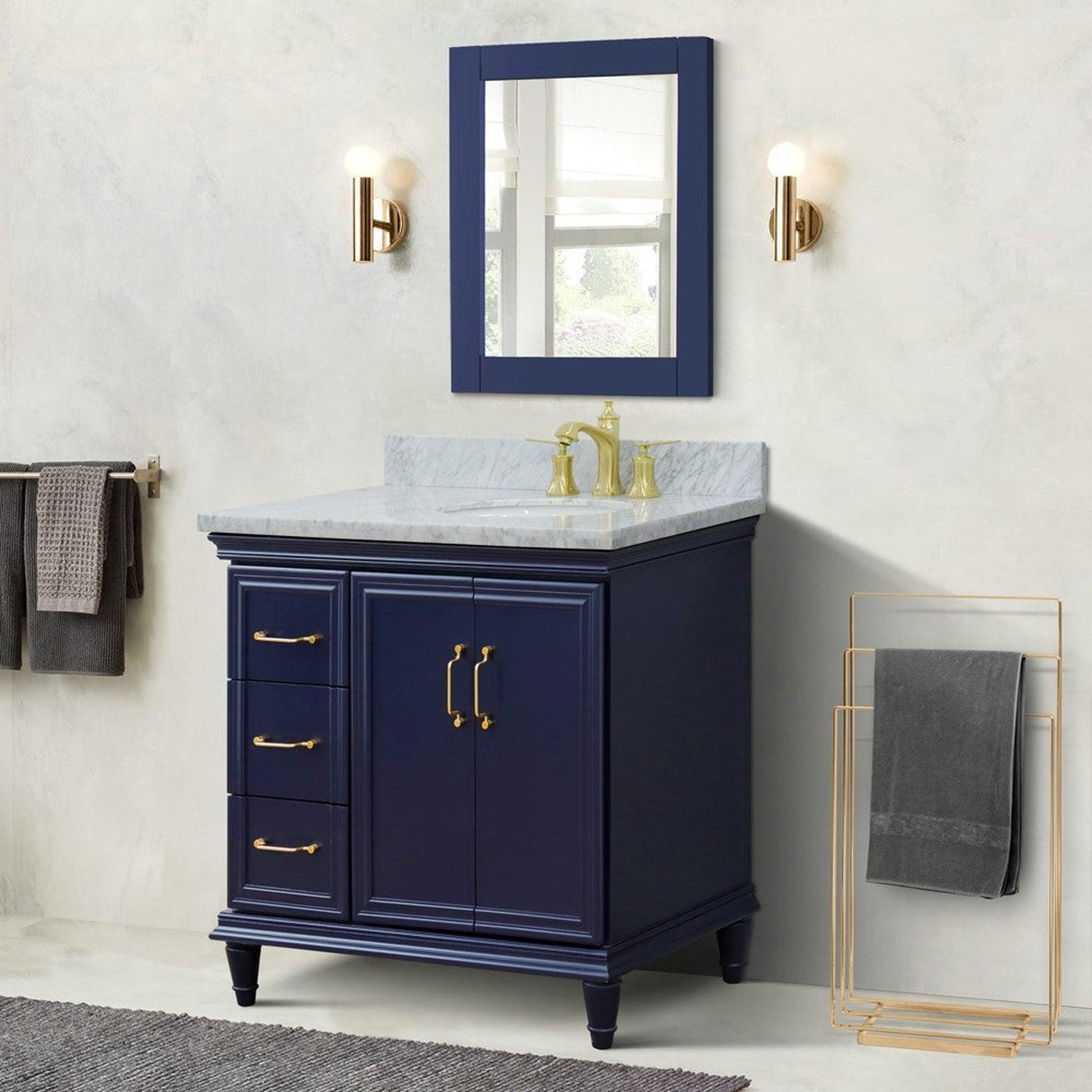 Bellaterra Home Forli 37" 2-Door 3-Drawer Blue Freestanding Vanity Set With Ceramic Right Offset Undermount Oval Sink and White Carrara Marble Top, and Right Door Cabinet
