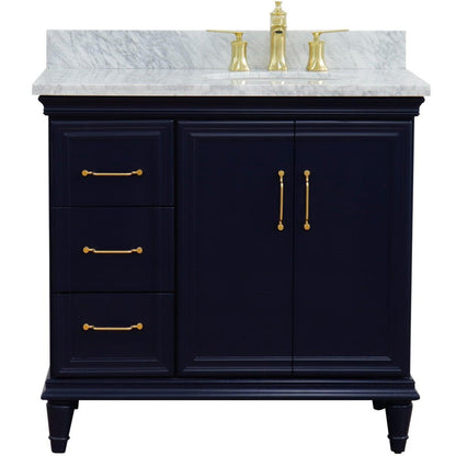 Bellaterra Home Forli 37" 2-Door 3-Drawer Blue Freestanding Vanity Set With Ceramic Right Offset Undermount Oval Sink and White Carrara Marble Top, and Right Door Cabinet