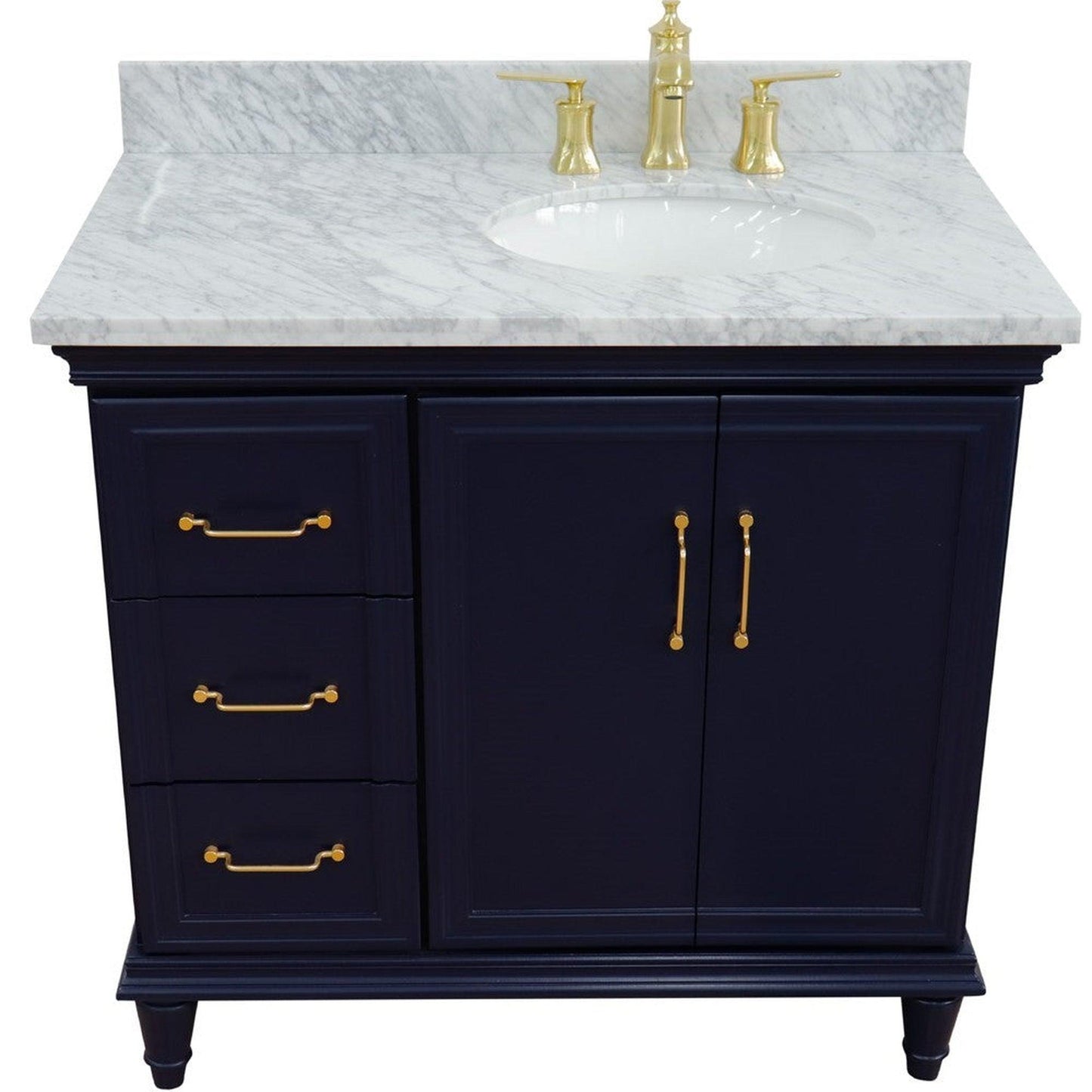 Bellaterra Home Forli 37" 2-Door 3-Drawer Blue Freestanding Vanity Set With Ceramic Right Offset Undermount Oval Sink and White Carrara Marble Top, and Right Door Cabinet