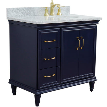 Bellaterra Home Forli 37" 2-Door 3-Drawer Blue Freestanding Vanity Set With Ceramic Right Offset Undermount Oval Sink and White Carrara Marble Top, and Right Door Cabinet