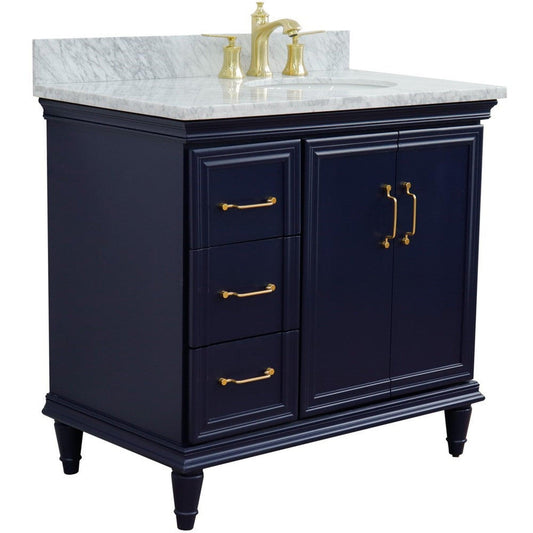 Bellaterra Home Forli 37" 2-Door 3-Drawer Blue Freestanding Vanity Set With Ceramic Right Offset Undermount Oval Sink and White Carrara Marble Top, and Right Door Cabinet