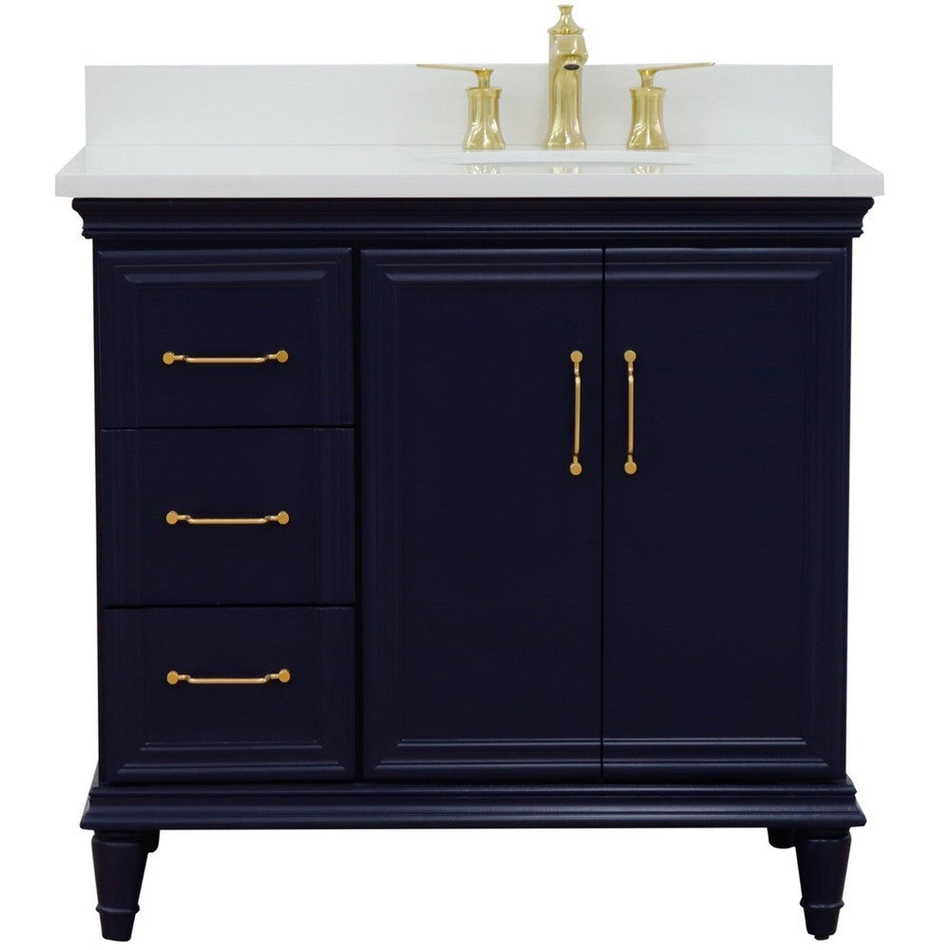 Bellaterra Home Forli 37" 2-Door 3-Drawer Blue Freestanding Vanity Set With Ceramic Right Offset Undermount Oval Sink and White Quartz Top, and Right Door Cabinet