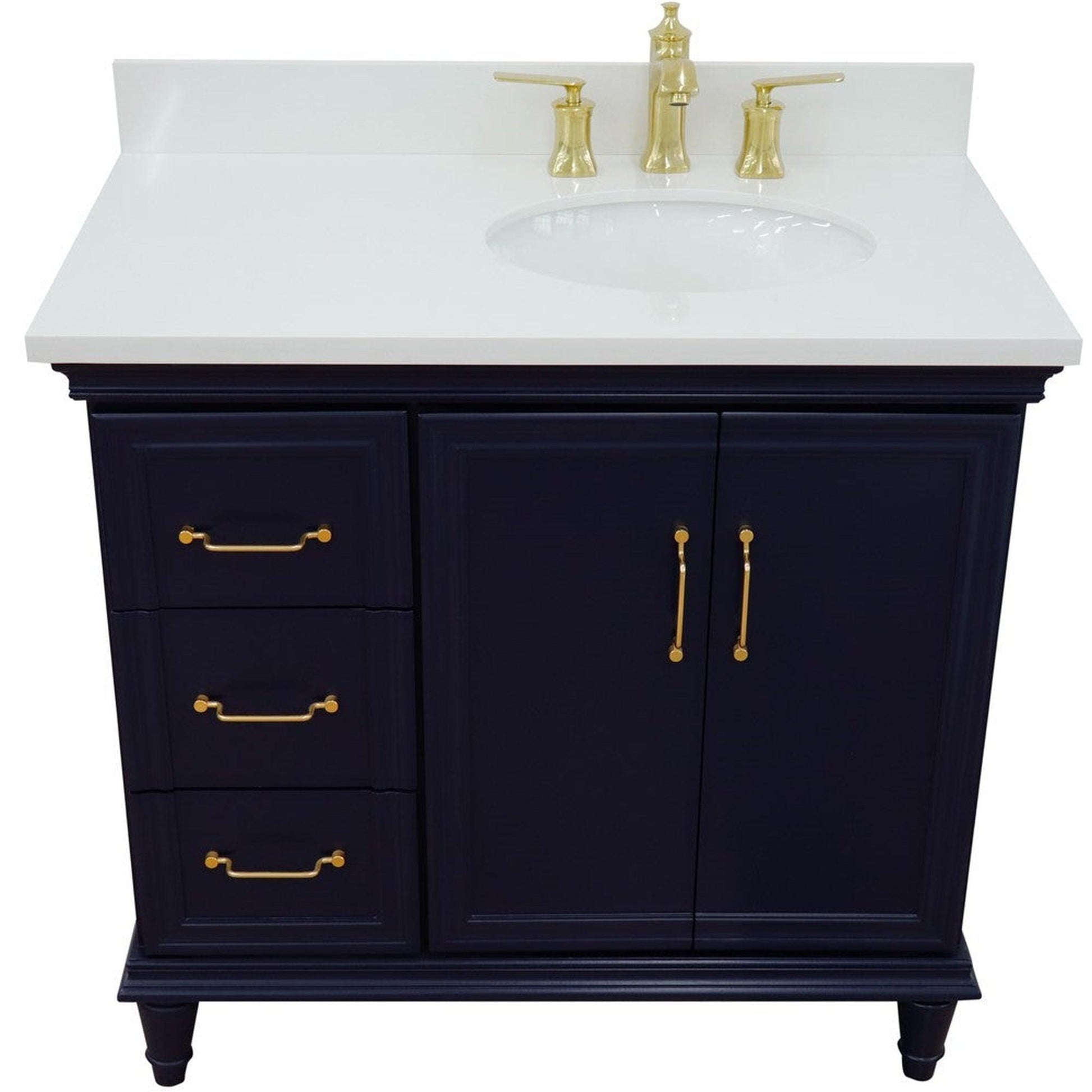 Bellaterra Home Forli 37" 2-Door 3-Drawer Blue Freestanding Vanity Set With Ceramic Right Offset Undermount Oval Sink and White Quartz Top, and Right Door Cabinet